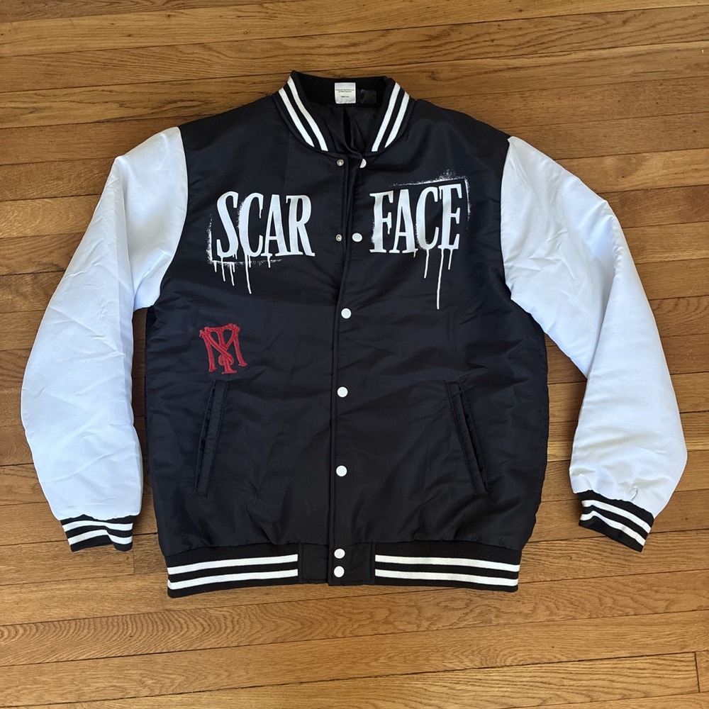 Scarface Light Varsity Bomber Jacket Black White Tony Montana Men's XL Snap On